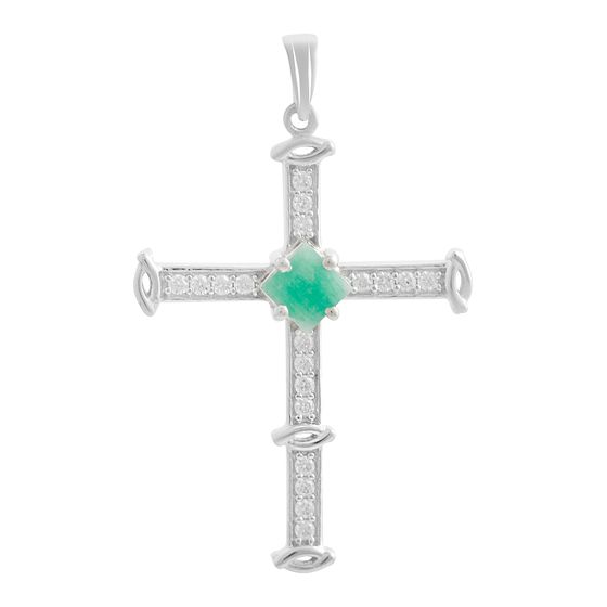 Серебряный крестик с изумрудом, фианитами
