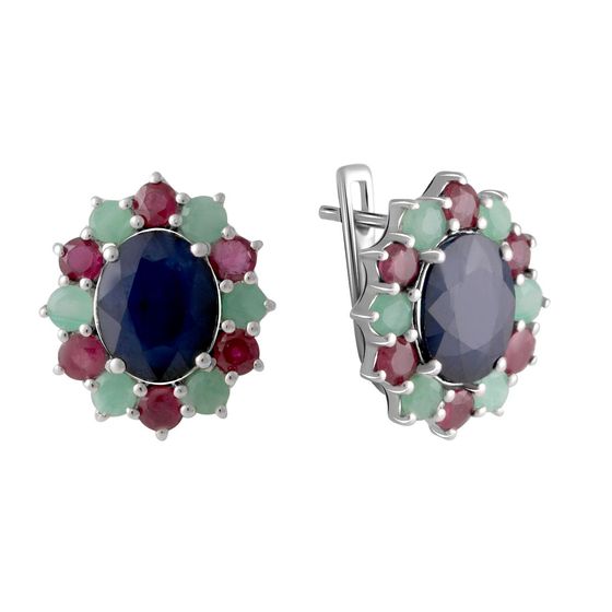 Серебряные серьги с сапфиром 10.758ct, изумрудом, рубином