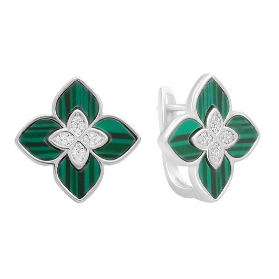 Серебряные серьги с малахитом, фианитами