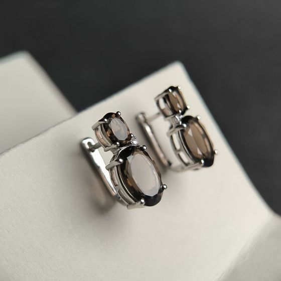 Серебряные серьги с раухтопазом (дымчатым кварцем) 12.581ct, фианитами