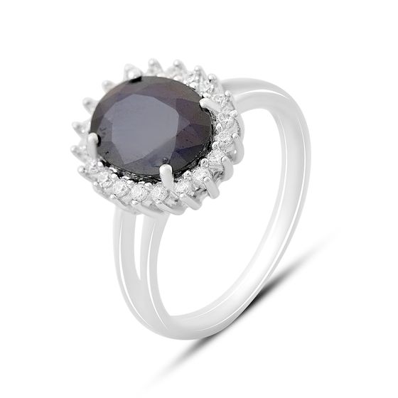 Серебряное кольцо с сапфиром, фианитами