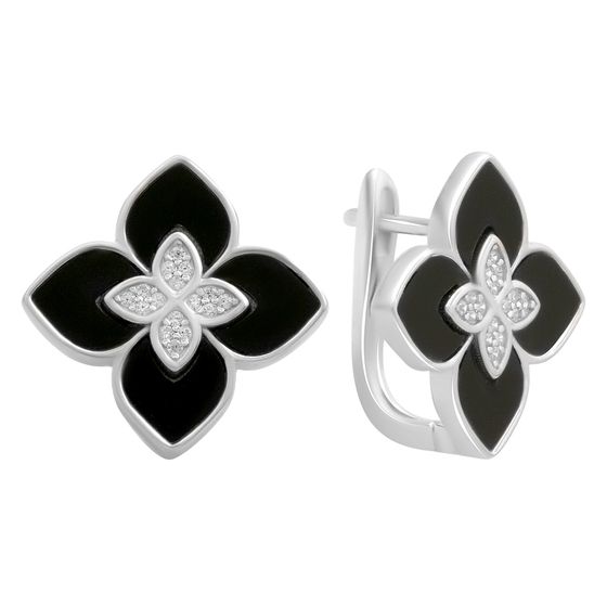 Серебряные серьги с ониксом, фианитами