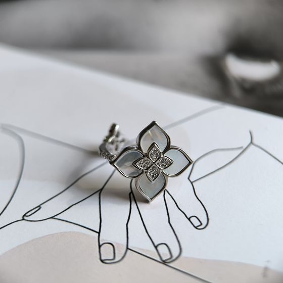 Серебряное кольцо с перламутром, фианитами