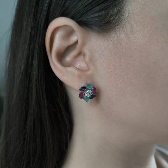 Серебряные серьги с сапфиром 3.567ct, рубином, изумрудом