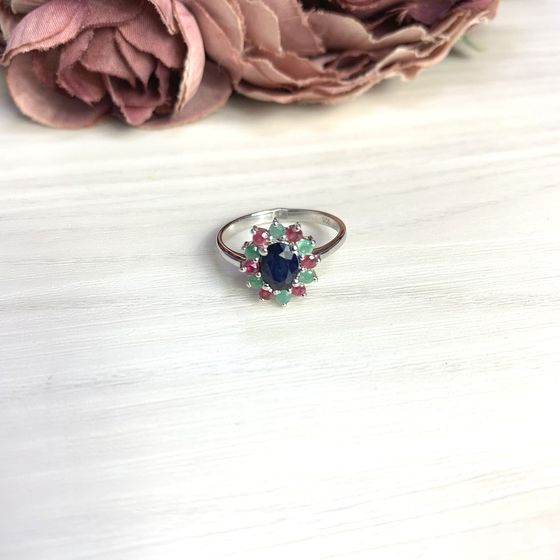 Серебряное кольцо с изумрудом 1.292ct, сапфиром, рубином