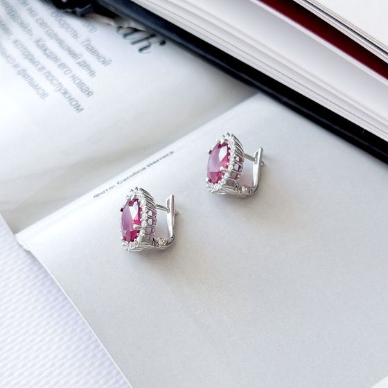 Серебряные серьги с рубином, фианитами