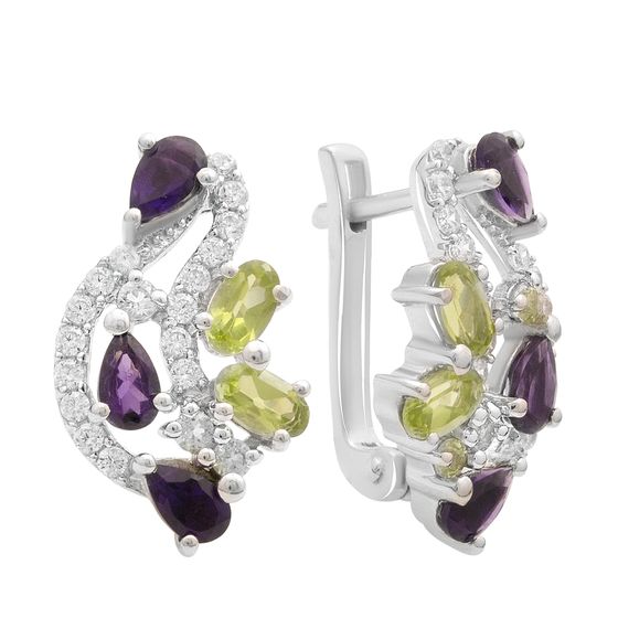 Серебряные серьги с аметистом 3.253ct, хризолітом