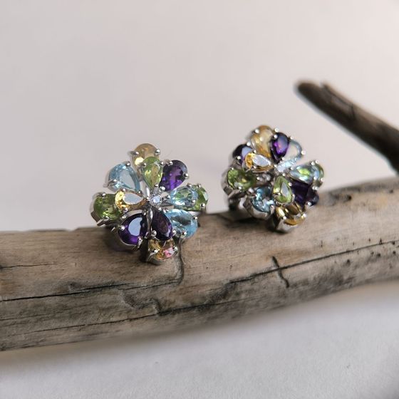 Серебряные серьги с аметистом 8.24ct, цитрином, хризолітом, топазом