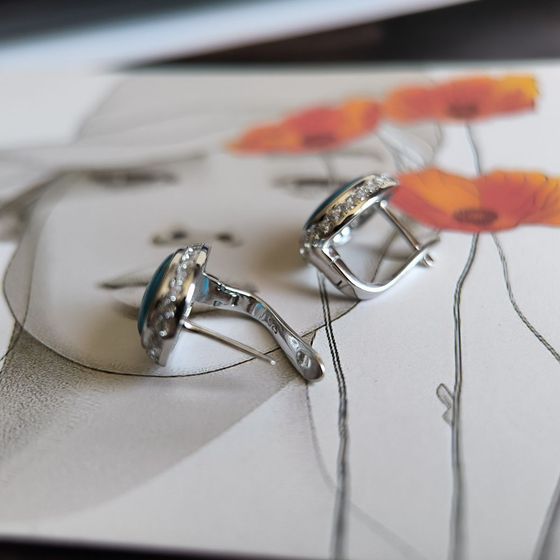 Серебряные серьги с бирюзой, фианитами