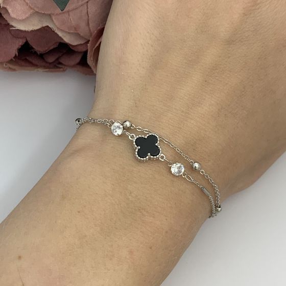 Серебряный браслет с ониксом, фианитами