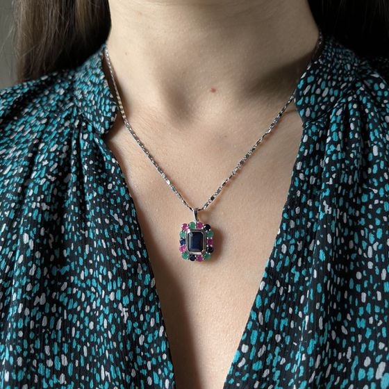 Серебряная подвеска с сапфиром 0.882ct, изумрудом, рубином