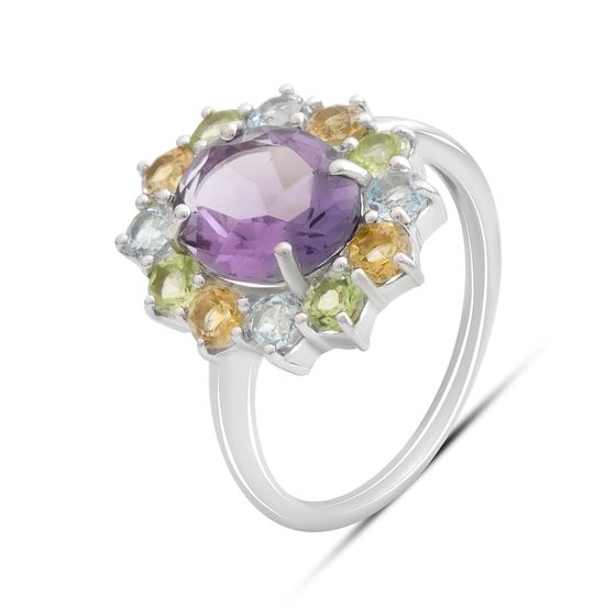 Серебряное кольцо с аметистом 3.558ct, цитрином, хризолітом, топазом