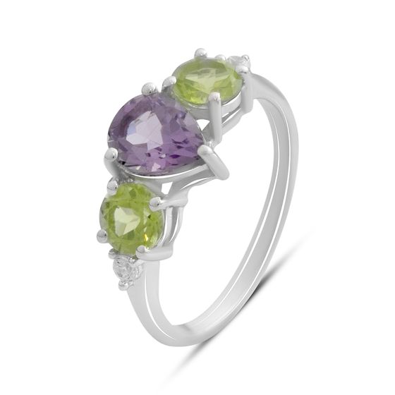 Серебряное кольцо с аметистом, хризолітом