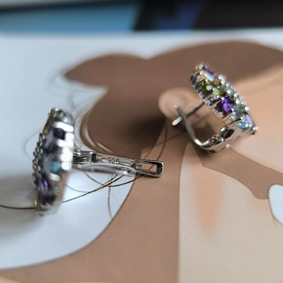 Серебряные серьги с аметистом 5.812ct, цитрином, хризолітом, топазом