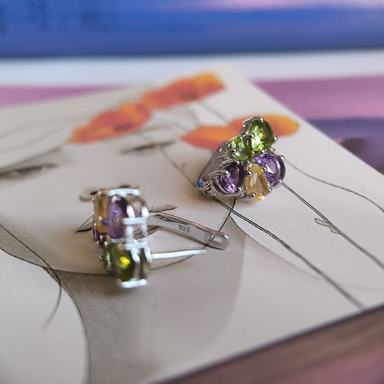 Серебряные серьги с аметистом, хризолітом, цитрином