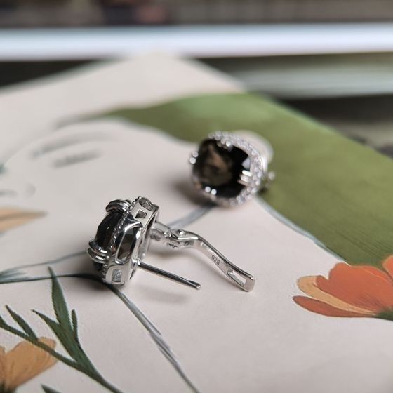 Серебряные серьги с раухтопазом (дымчатым кварцем) 10.657ct, фианитами