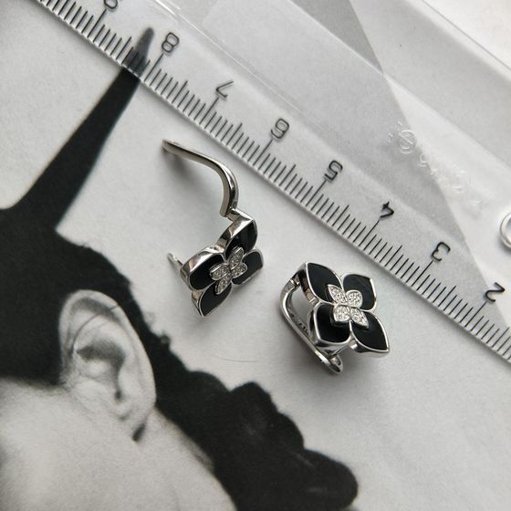 Серебряные серьги с ониксом, фианитами