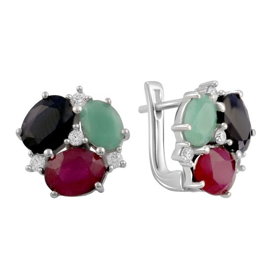 Серебряные серьги с сапфиром, изумрудом, рубином