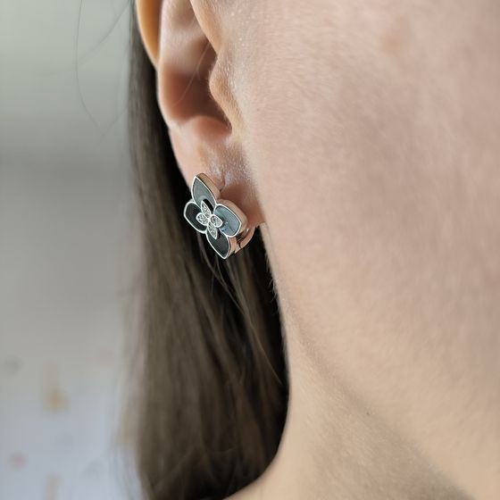 Серебряные серьги с ониксом, фианитами