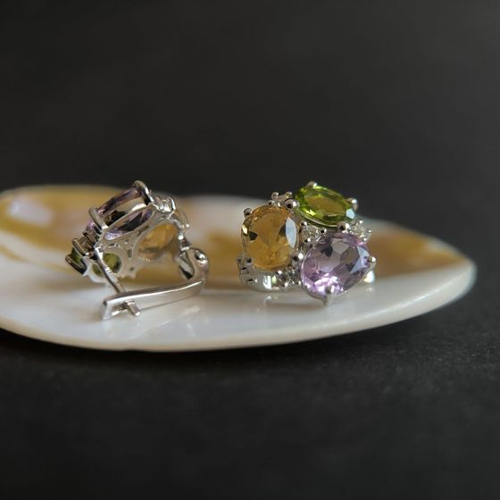 Серебряные серьги с аметистом 6.621ct, цитрином, хризолітом