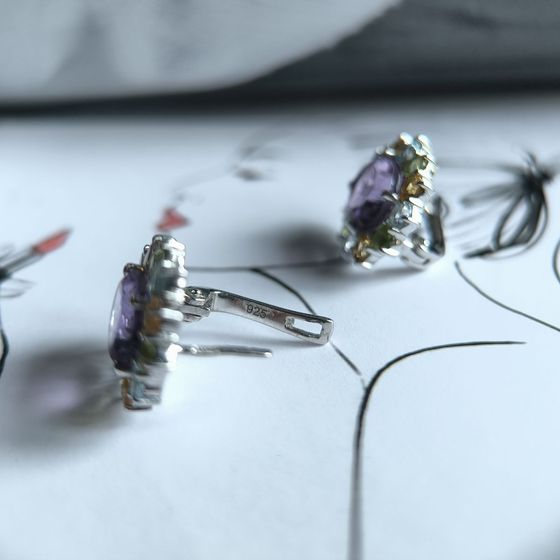 Серебряные серьги с аметистом 7.325ct, цитрином, хризолітом, топазом