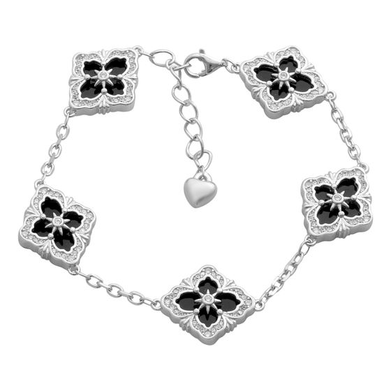 Серебряный браслет с ониксом, фианитами