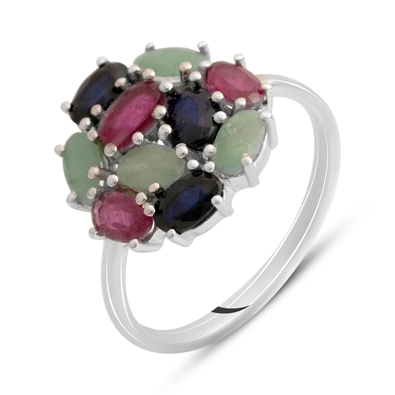 Серебряное кольцо с сапфиром 2.938ct, изумрудом, рубином