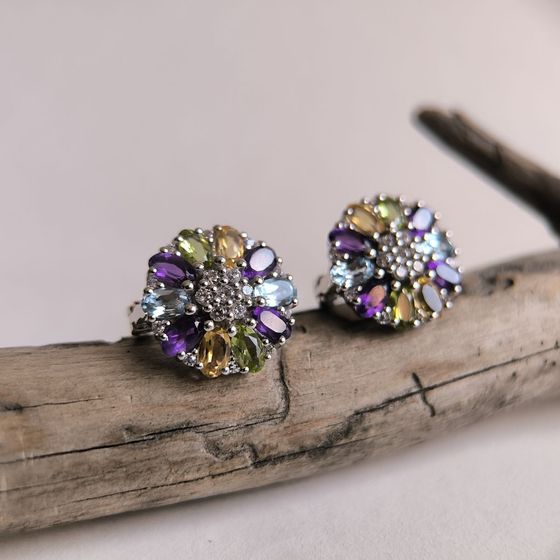 Серебряные серьги с аметистом 5.812ct, цитрином, хризолітом, топазом