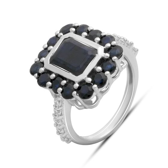 Серебряное кольцо с сапфиром 5.82ct, фианитами