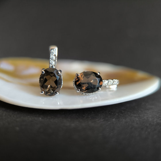 Серебряные серьги с раухтопазом (дымчатым кварцем) 3.725ct, фианитами