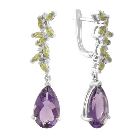 Серебряные серьги с аметистом, хризолітом
