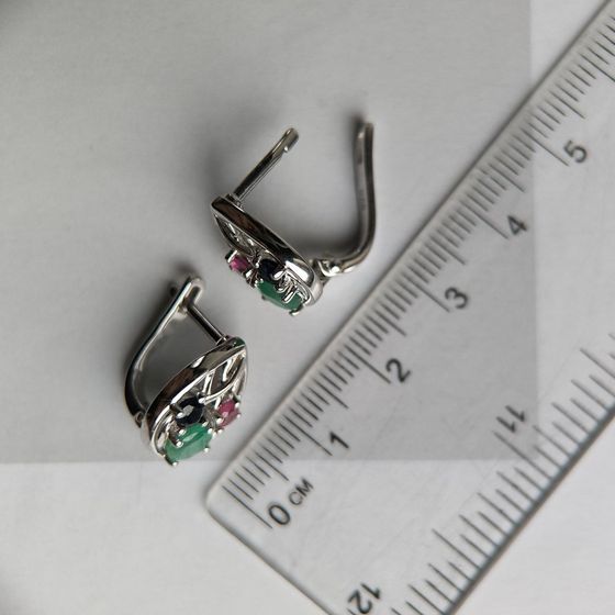 Серебряные серьги с сапфиром 4.05ct, изумрудом, рубином