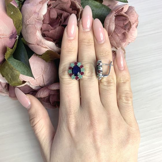 Серебряные серьги с сапфиром 11.277ct, изумрудом, рубином