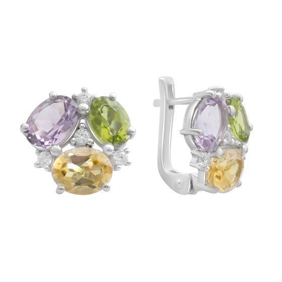Серебряные серьги с аметистом 6.621ct, цитрином, хризолітом