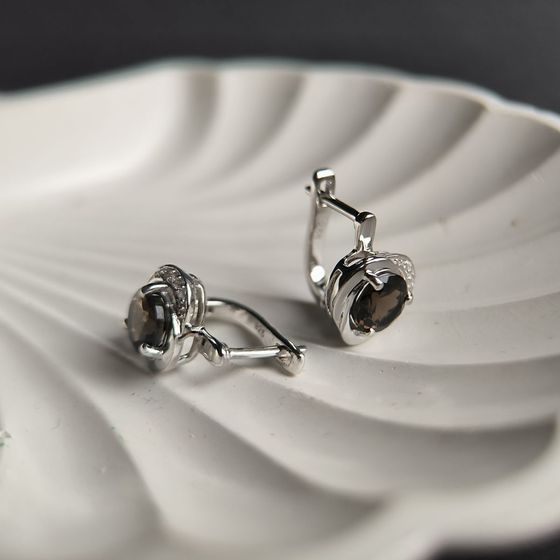 Серебряные серьги с раухтопазом (дымчатым кварцем) 2.472ct, фианитами