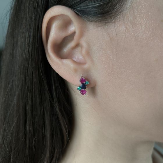 Серебряные серьги с сапфиром 2.042ct, рубином, изумрудом