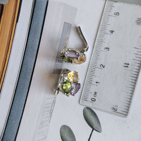 Серебряные серьги с аметистом 6.621ct, цитрином, хризолітом