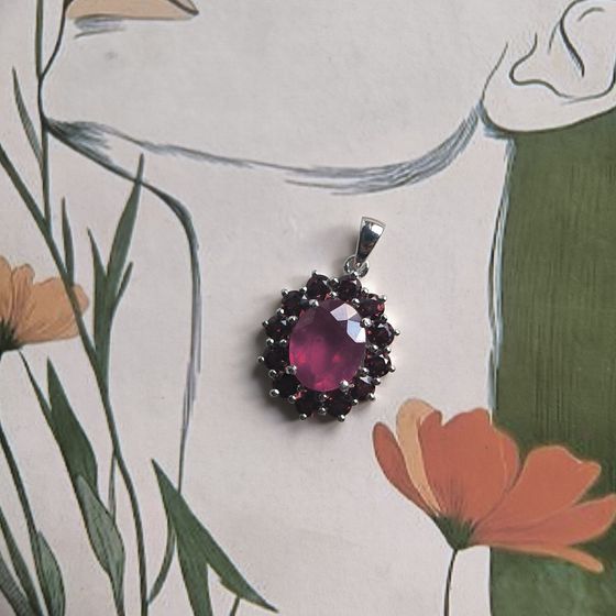 Серебряная подвеска с рубином 5.59ct, гранатом