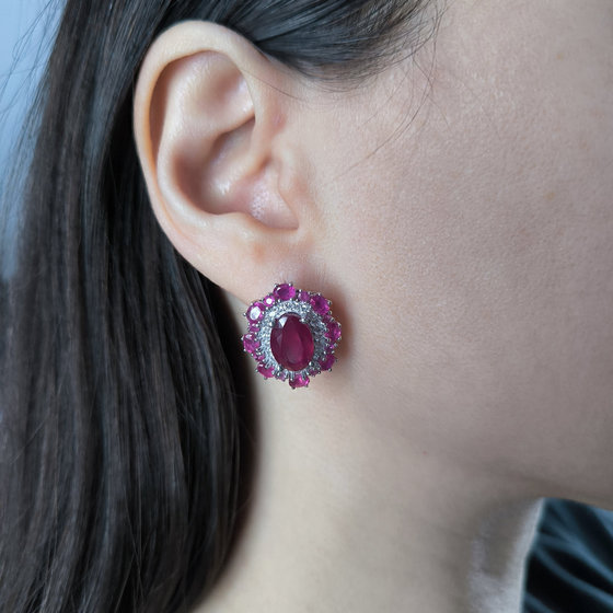 Серебряные серьги с рубином 14.72ct, фианитами