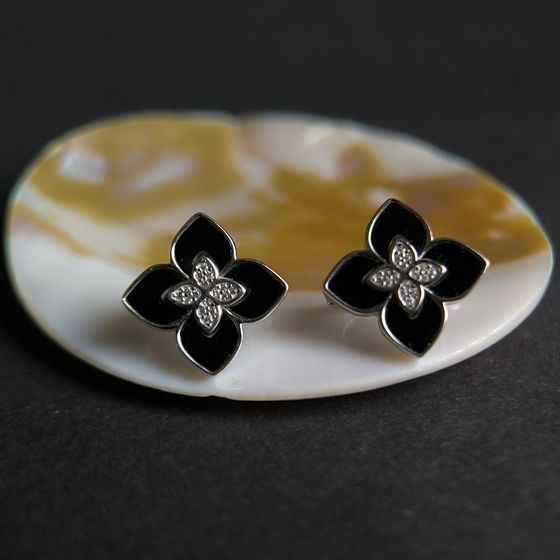 Серебряные серьги с ониксом, фианитами