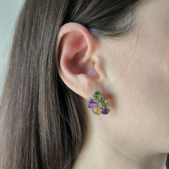 Серебряные серьги с аметистом, хризолітом, цитрином